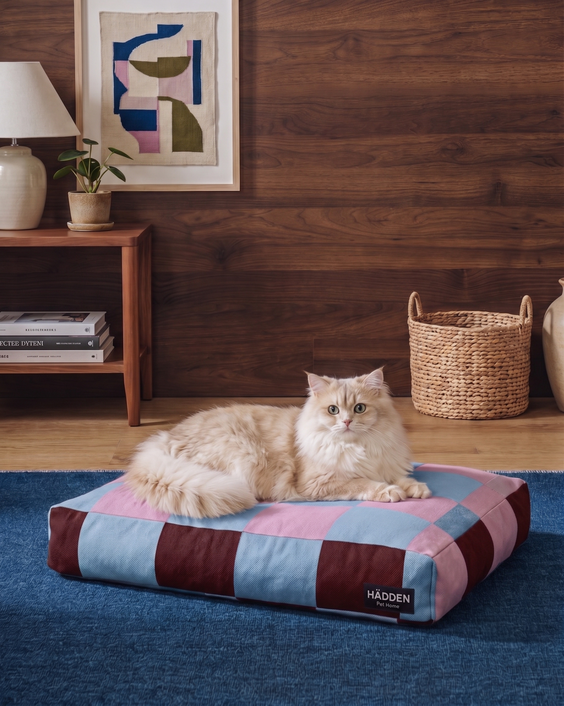 A fluffy cream-colored cat lies on a square cushioned pet bed with pink, blue, and burgundy plaid panels in a cozy room with a dark wood wall, blue rug, and side table.