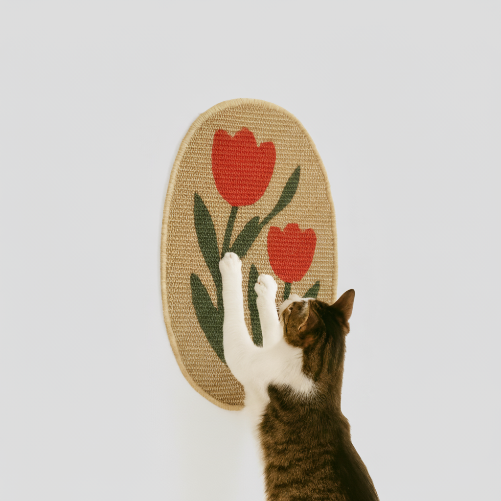 Cat playing with a jute toy with red tulips on a light gray background