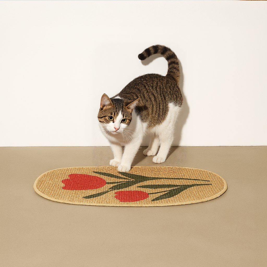 Cat walking on a doormat with floral design