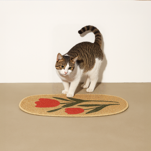 Cat walking on a doormat with floral design