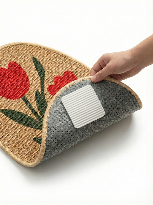 Hand holding a textured product with floral design on a white background