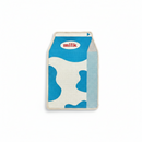 Mittens designed to look like a milk carton with blue cow pattern on a white background