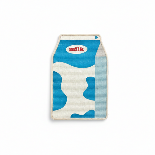 Mittens designed to look like a milk carton with blue cow pattern on a white background