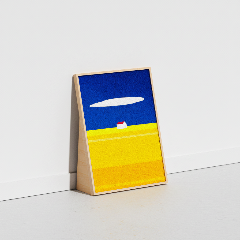 HÄDDEN standing cat scratching board featuring a Blue Sky and Yellow Field landscape design. A whimsical vertical scratcher that looks like art