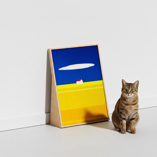 Cat sitting next to HÄDDEN landscape art scratcher. Wooden standing board that adds a dreamy, artistic touch to apartment decor