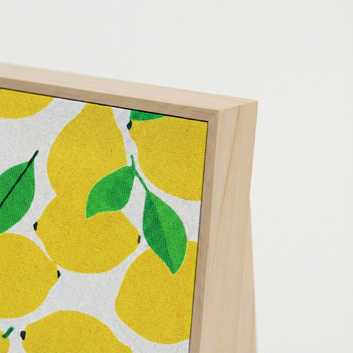 Detail of the woven sisal fabric showing the lemon print and natural wood frame. Durable, eco-friendly