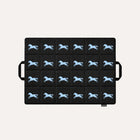 HÄDDEN Nomad Mat in black, a quilted cat travel mat with a light blue galloping horse print and two carry handles