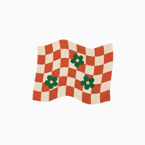 HÄDDEN Wavy Checkerboard cat scratcher mat featuring a retro floral pattern. Trendy aesthetic pet furniture for modern home decor