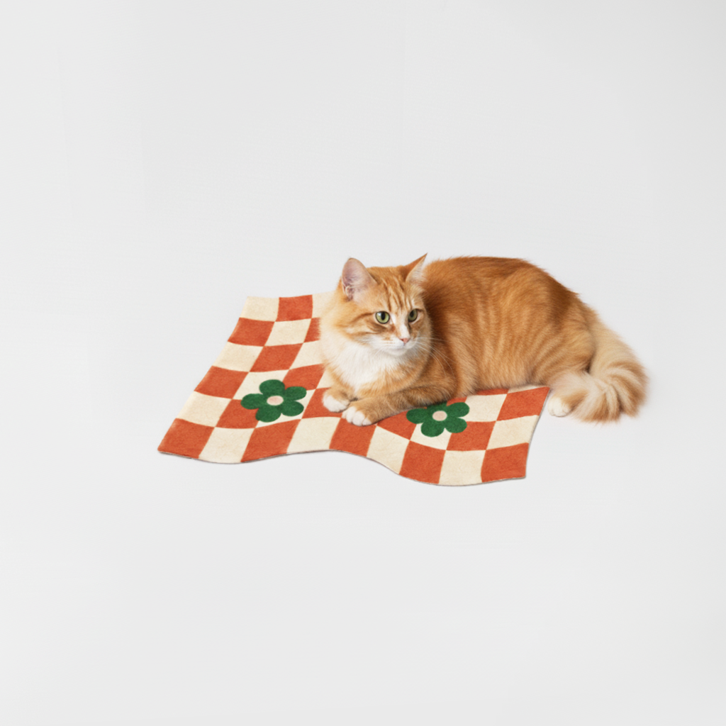 Cat lying on a checkered mat with flower designs on a white background