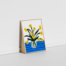 HÄDDEN standing cat scratcher featuring a Yellow Flower in Blue Vase art design. A vertical sisal board with a wood frame that looks like a painting